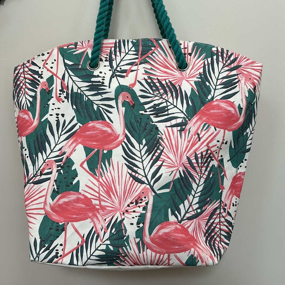 Tropical Flamingo Print Tote Bag in Pink and Green